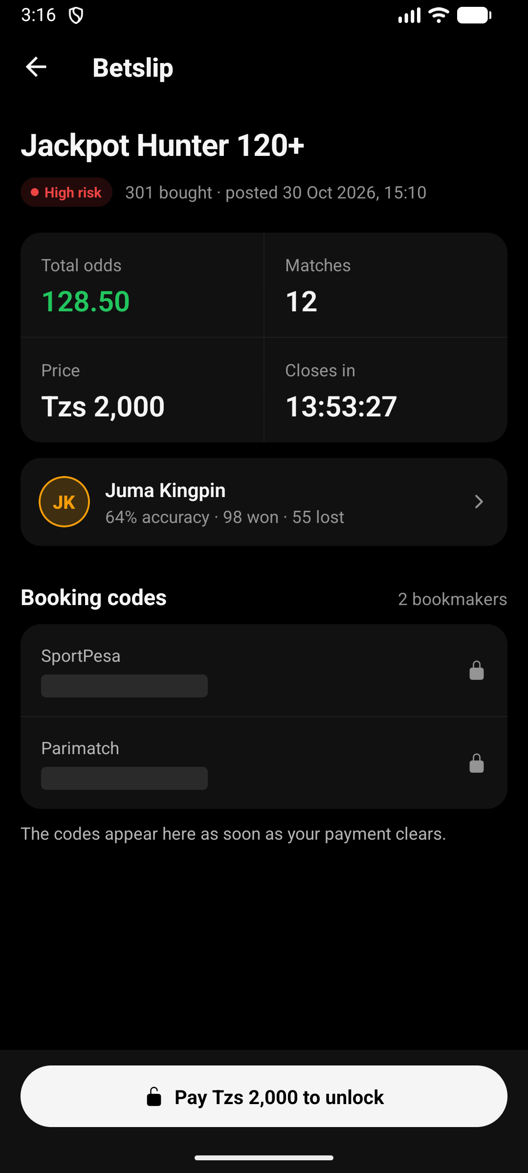 A locked betslip: total odds 128.50, 12 matches, price TZS 2,000, booking codes hidden