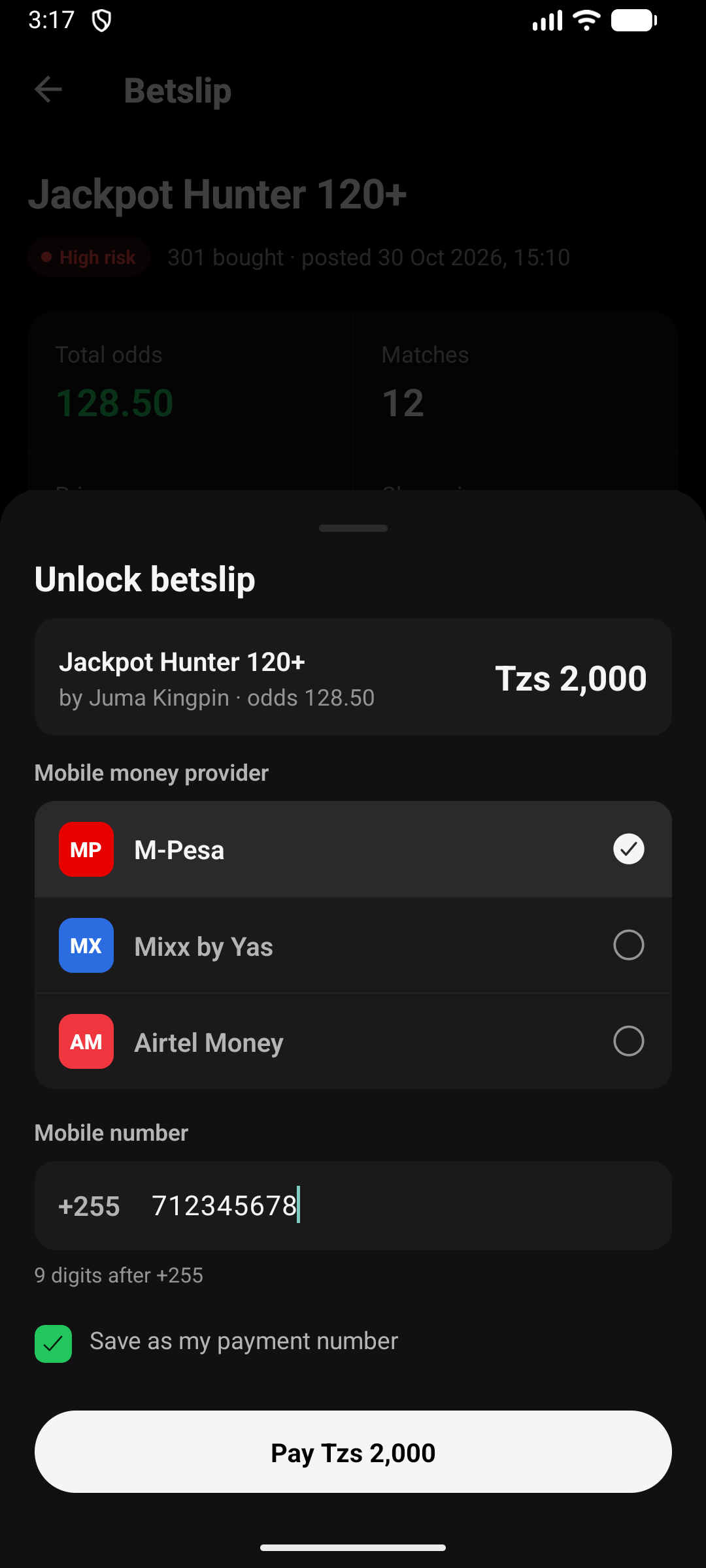 Unlock betslip sheet with M-Pesa selected, a +255 number entered and a Pay TZS 2,000 button