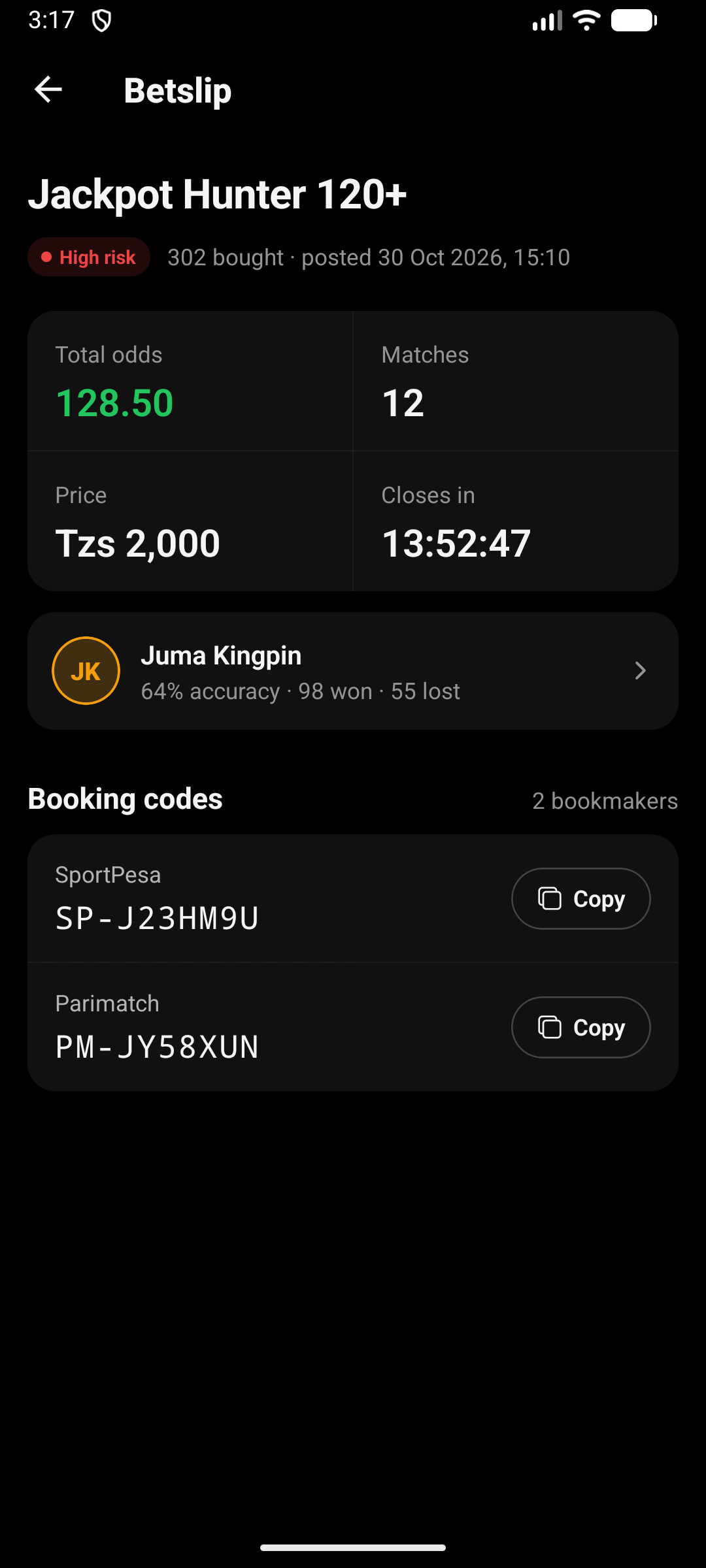 The same betslip after payment, showing SportPesa and Parimatch booking codes with Copy buttons